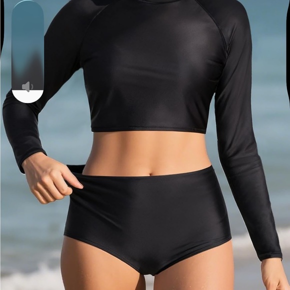 Black Long Sleeve Crop Top rash guard UV UPF 50+ swim shirt with bottoms XS/0247 - Picture 2 of 5